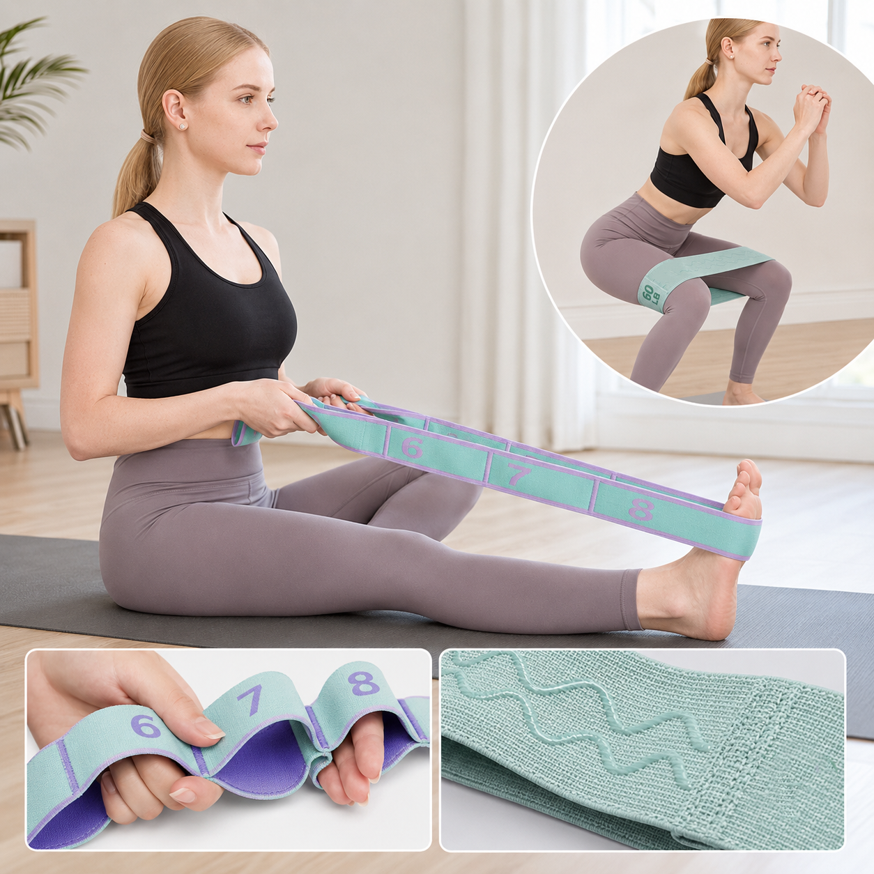 Green and purple 8 Grid Yoga Stretching Strap and 60LB Resistance Band Set for view 4
