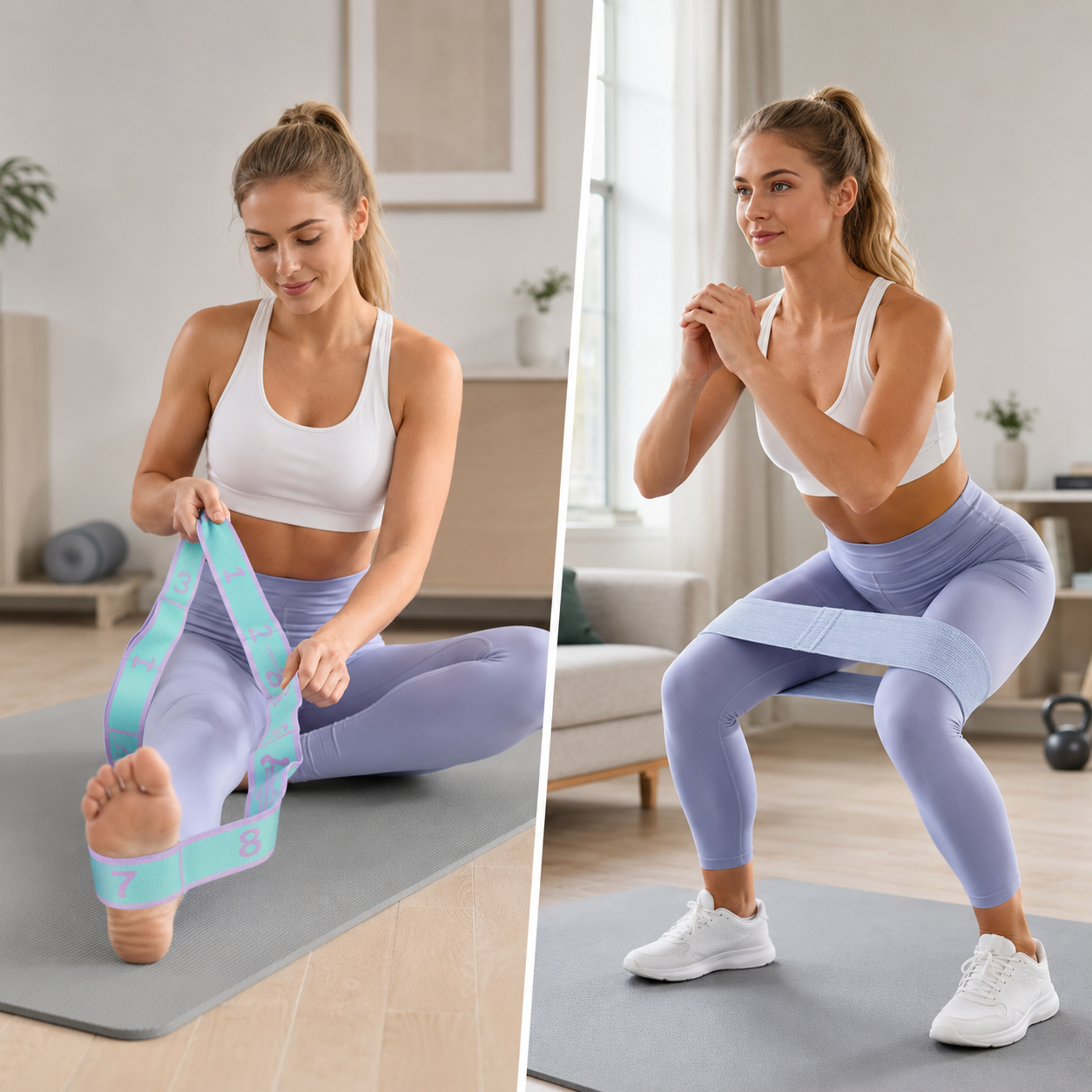 Green and purple 8 Grid Yoga Stretching Strap and 90LB Resistance Band Set for view 3