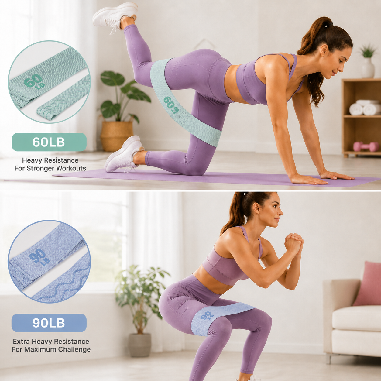 60LB and 90LB Resistance Band Set for Glute Training Pilates Workout Fabric view 2
