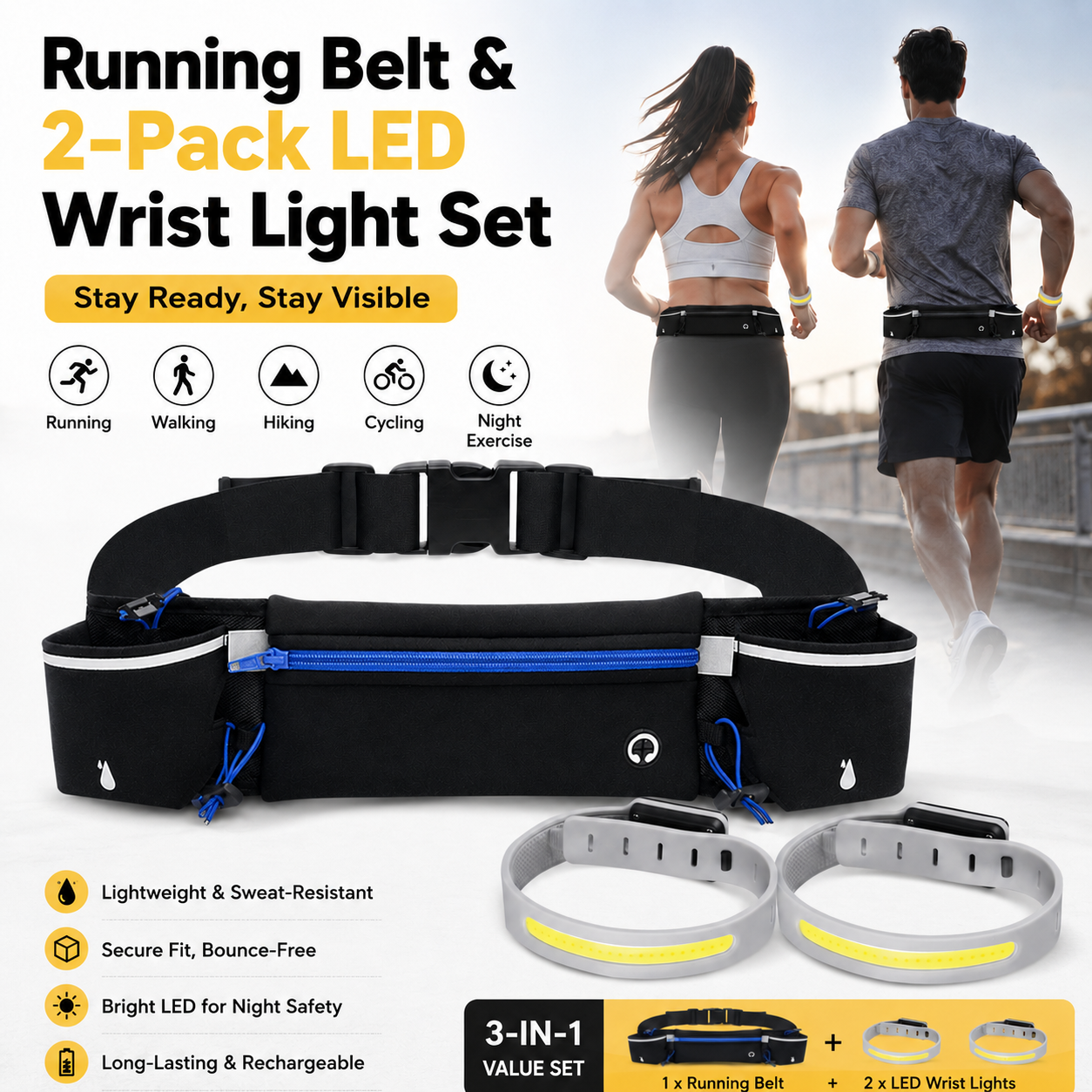 Blue Running Belt and 2 Pack LED Wrist Light Set Outdoor Sports Waist Bag with