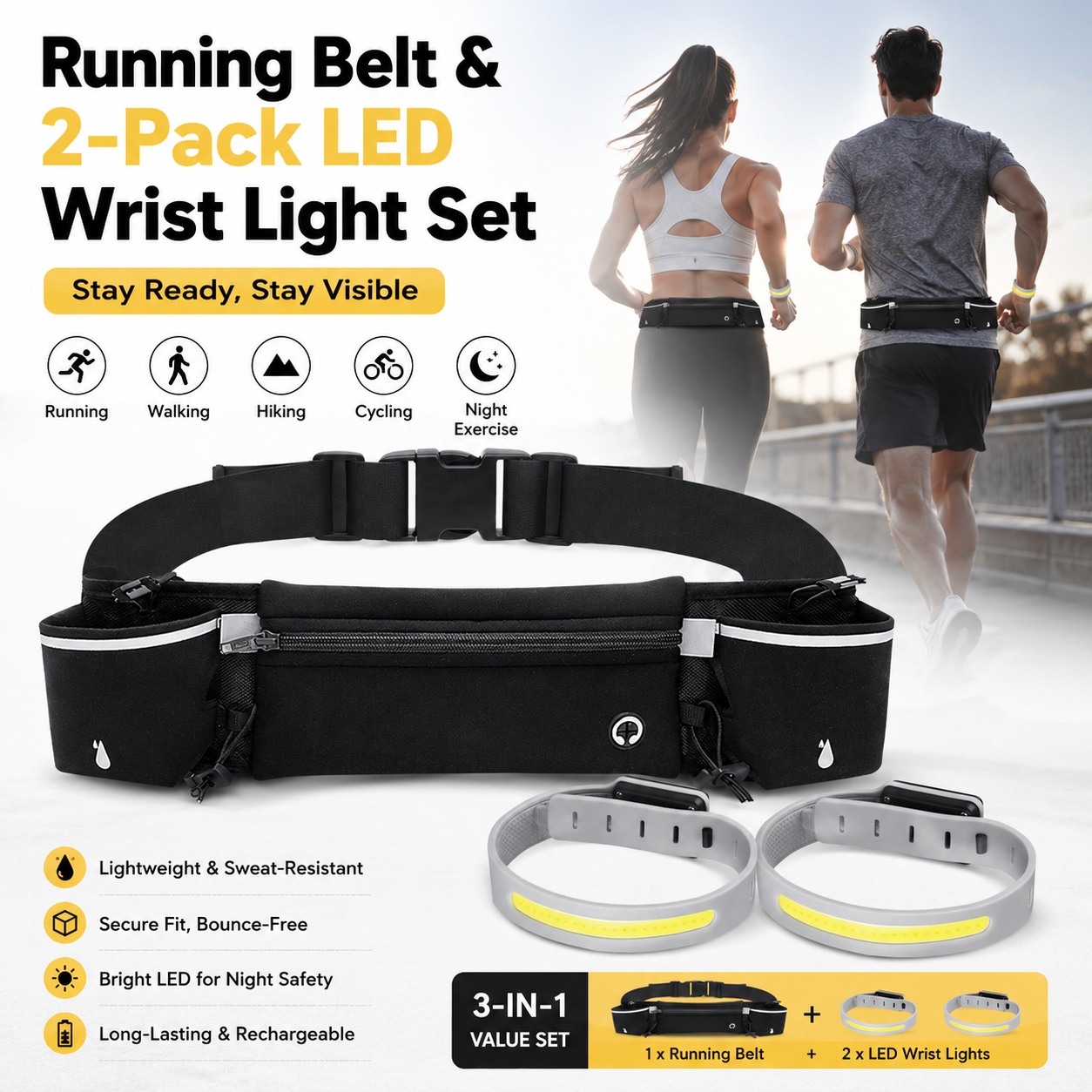 Black Running Belt and 2 Pack LED Wrist Light Set Outdoor Sports Waist Bag
