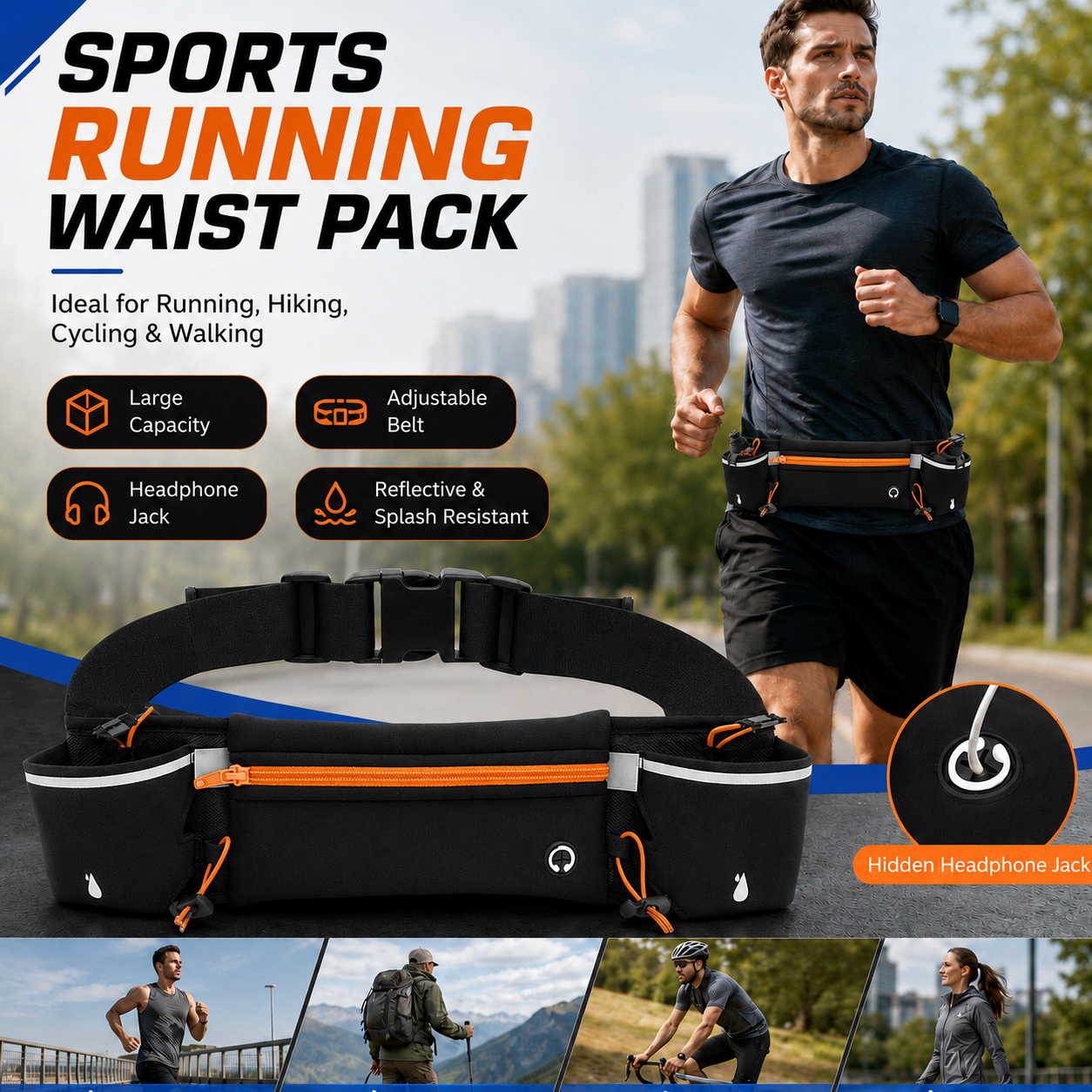 Orange Running Waist Pack Sports Belt with Water Bottle Holder Adjustable