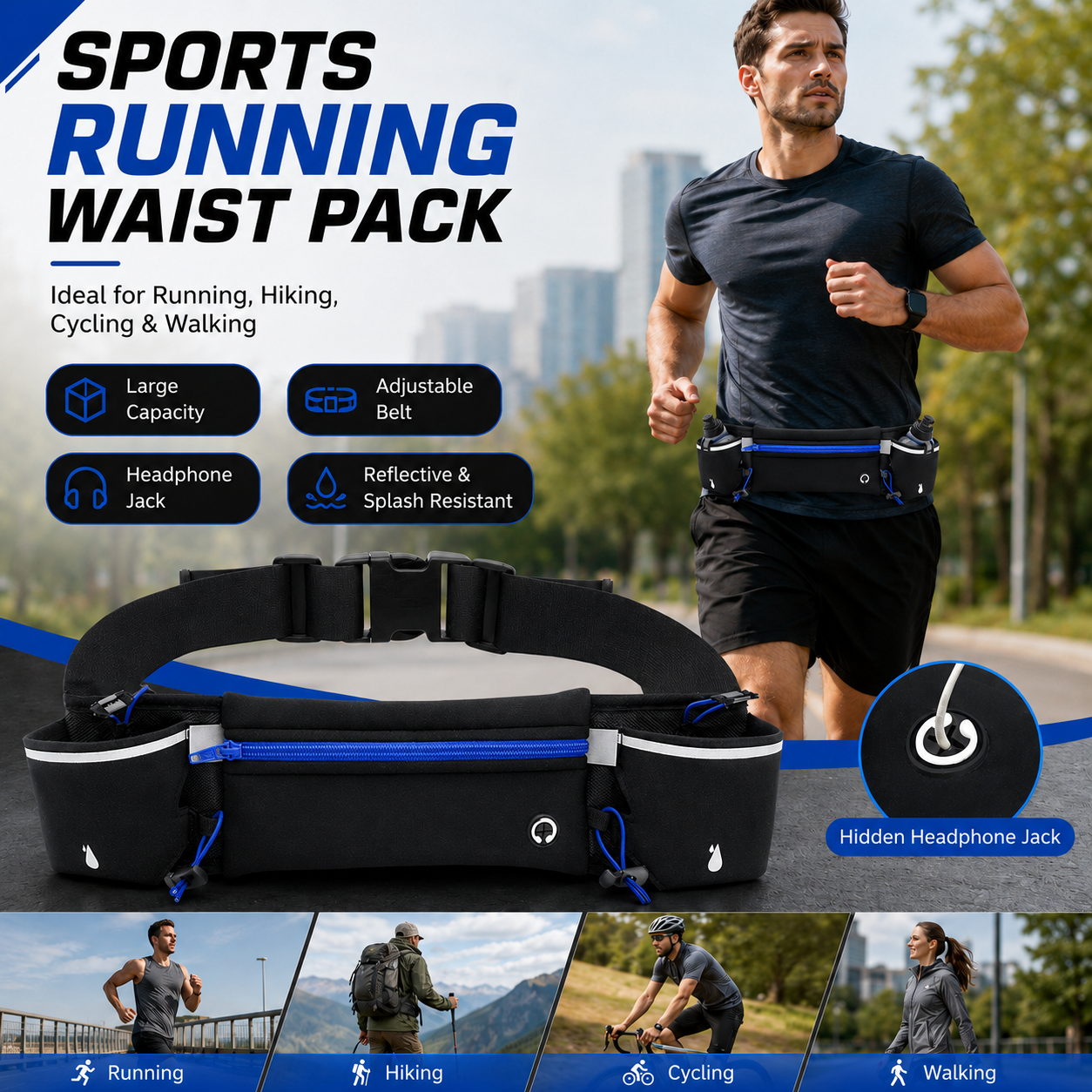 Blue Running Waist Pack Sports Belt with Water Bottle Holder Adjustable Phone