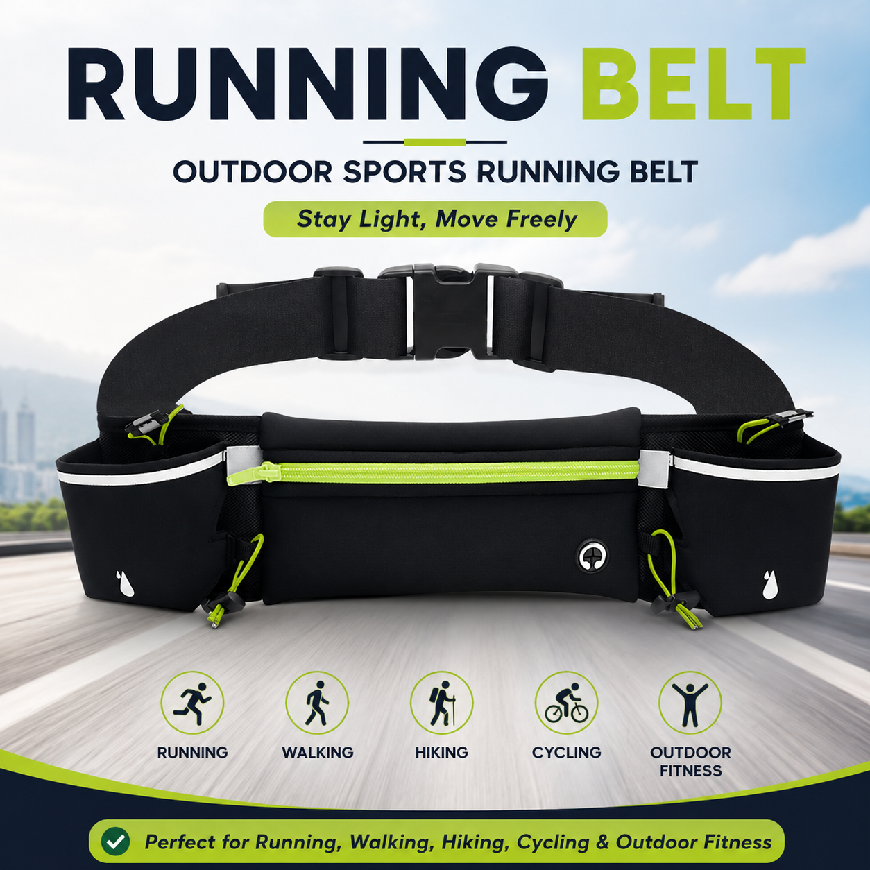 Green Running Waist Pack Sports Belt with Water Bottle Holder Adjustable Phone