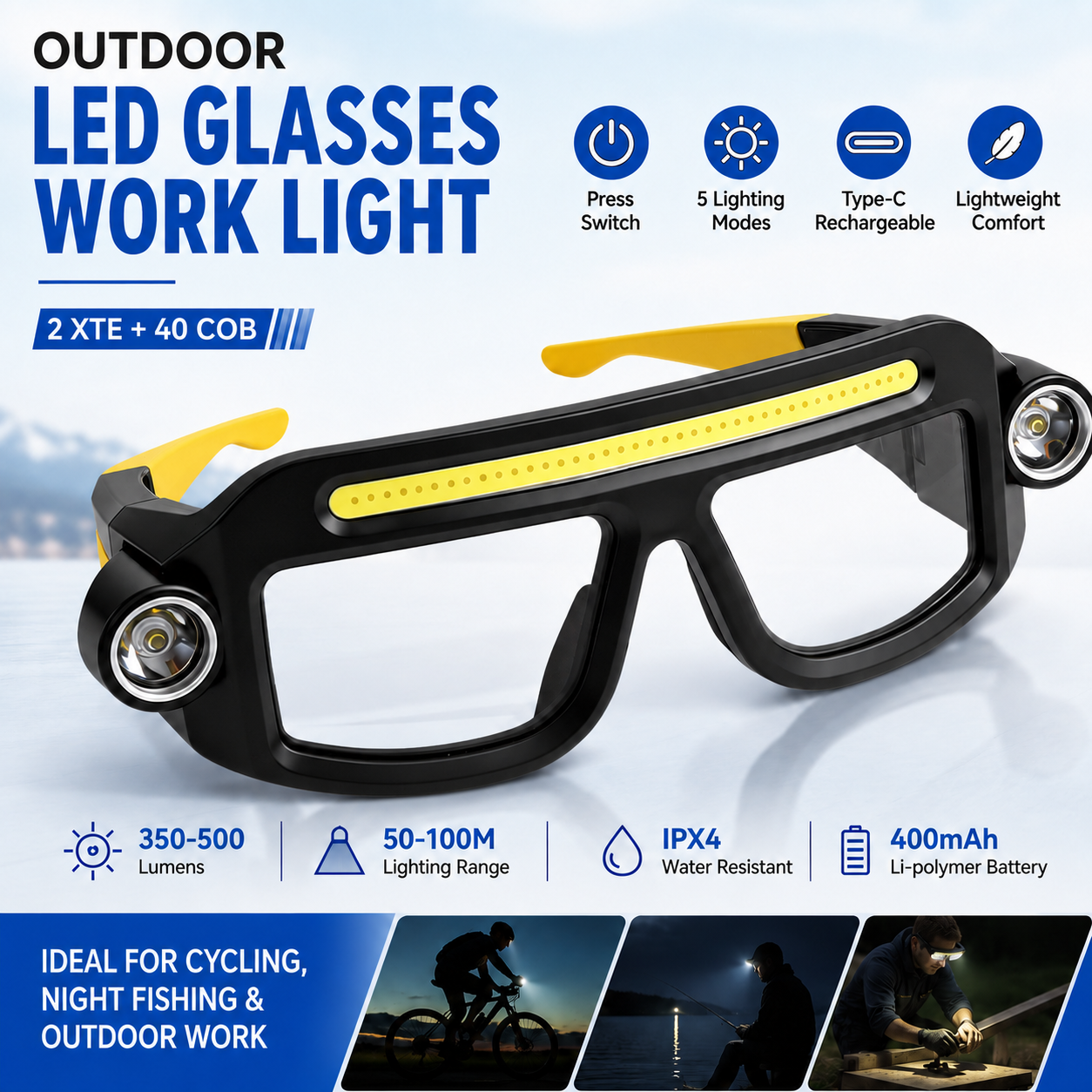 Rechargeable LED Glasses Light Yellow Outdoor Headlamp with 5 Lighting Modes — image 1