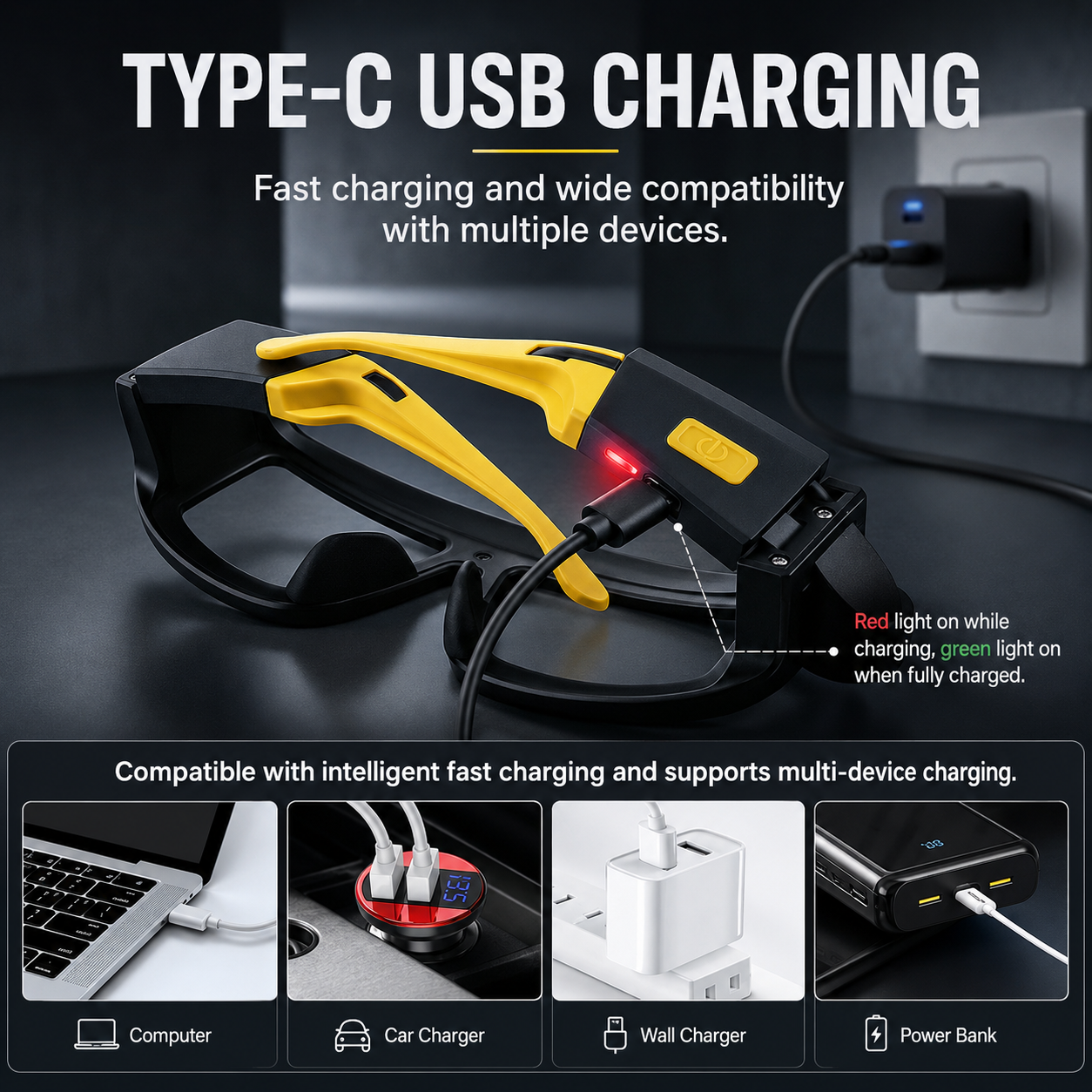 Rechargeable LED Glasses Light Yellow Outdoor Headlamp with 5 Lighting Modes view 5