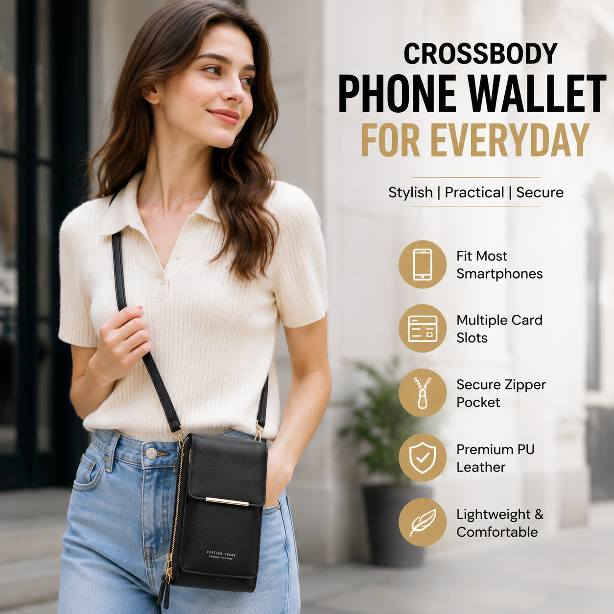 Black Touch Screen Phone Wallet Crossbody Bag for Women Vertical PU Leather