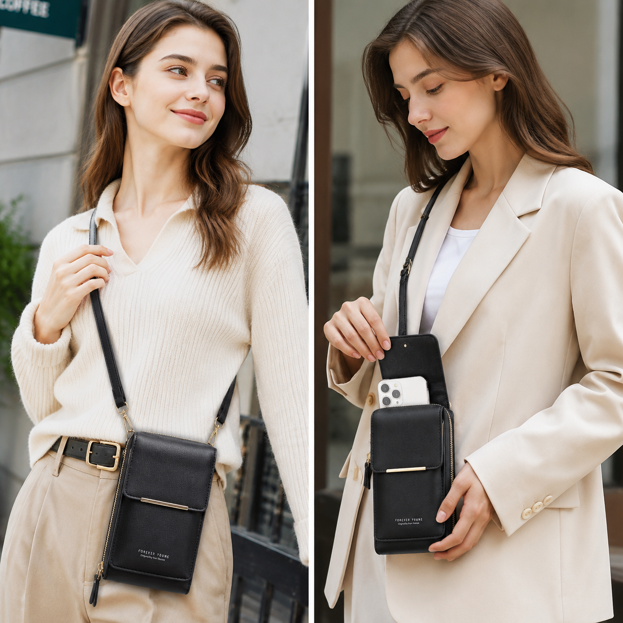 Black Touch Screen Phone Wallet Crossbody Bag for Women Vertical PU Leather view 2