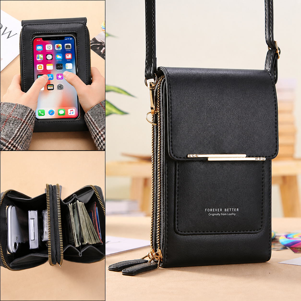 Black Touch Screen Phone Wallet Crossbody Bag for Women Vertical PU Leather view 3