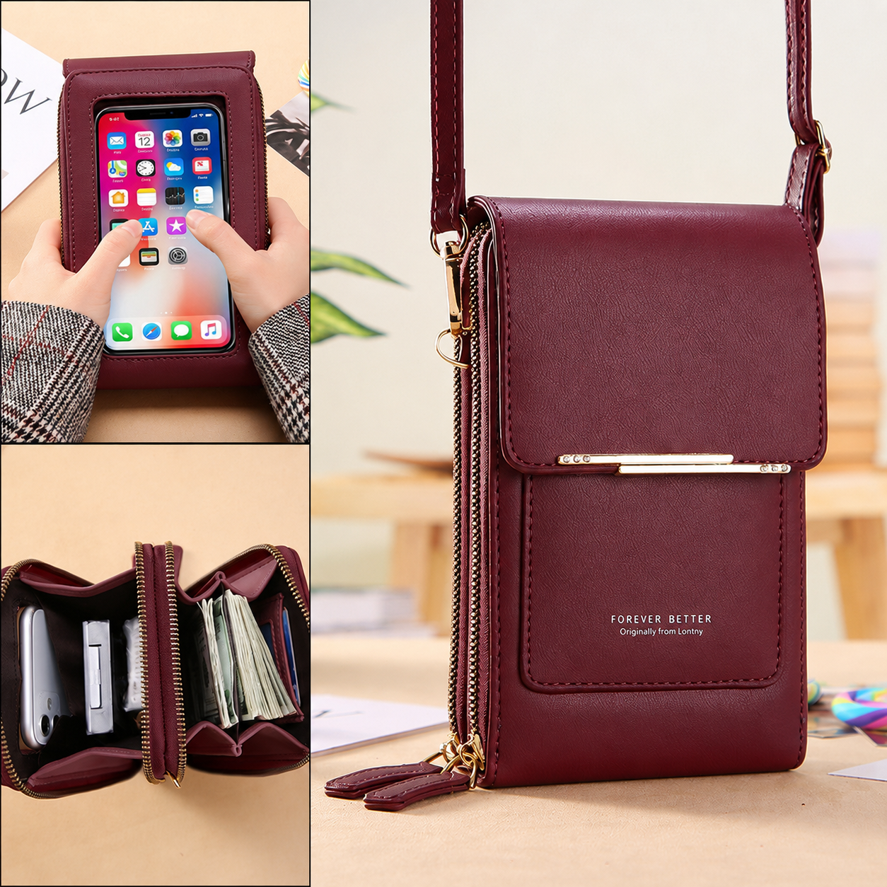 Red Touch Screen Phone Wallet Crossbody Bag for Women Vertical PU Leather view 2