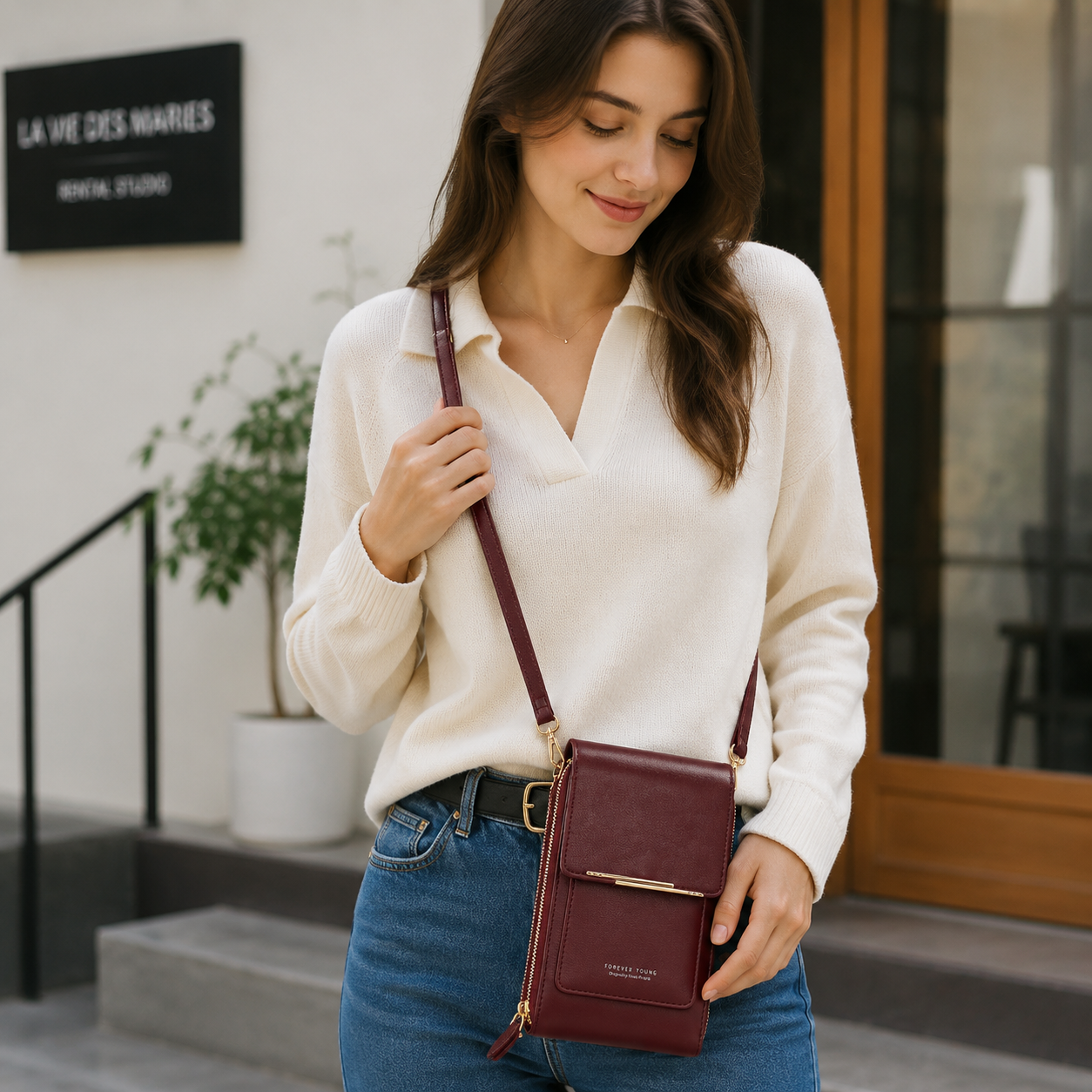 Red Touch Screen Phone Wallet Crossbody Bag for Women Vertical PU Leather view 3