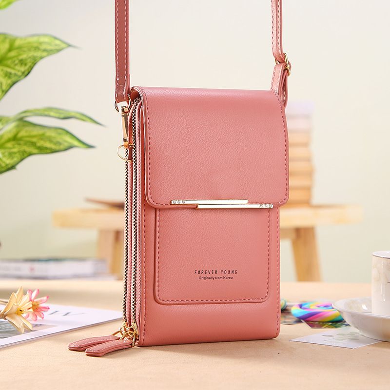 Pink Touch Screen Phone Wallet Crossbody Bag for Women Vertical PU Leather