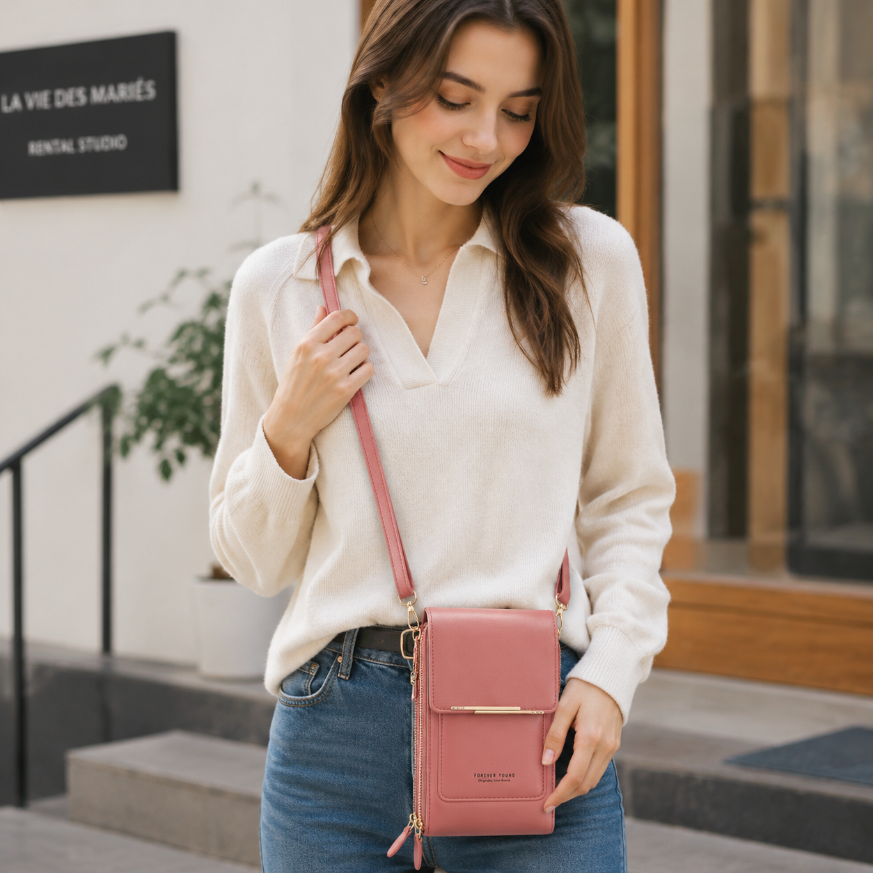 Pink Touch Screen Phone Wallet Crossbody Bag for Women Vertical PU Leather view 2