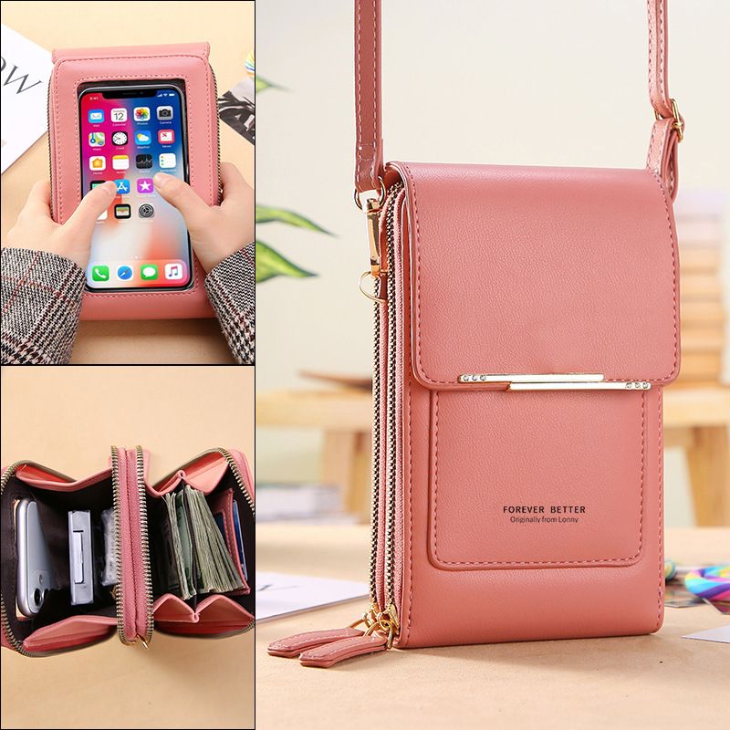 Pink Touch Screen Phone Wallet Crossbody Bag for Women Vertical PU Leather view 3