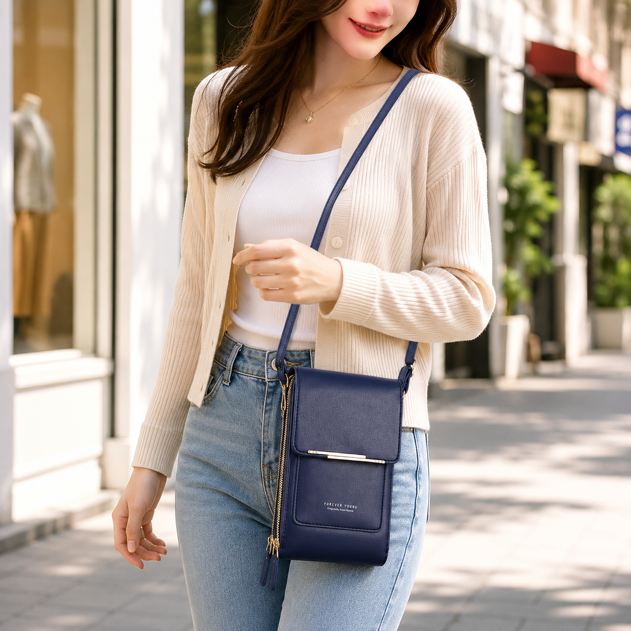 Blue Touch Screen Phone Wallet Crossbody Bag for Women Vertical PU Leather view 2