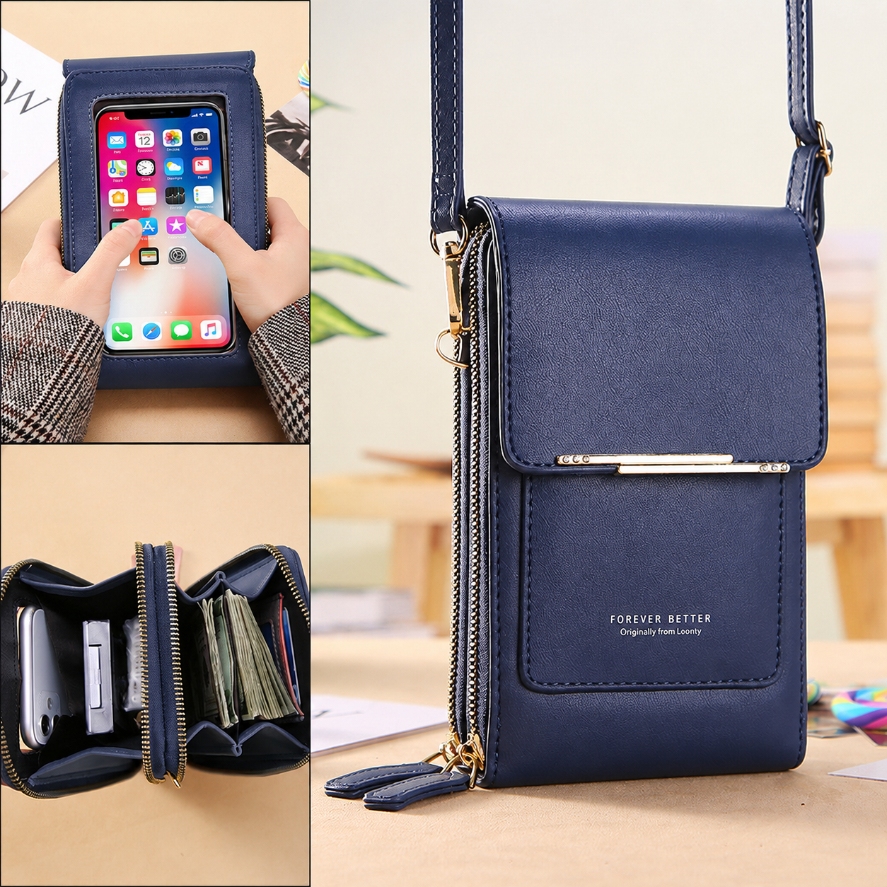 Blue Touch Screen Phone Wallet Crossbody Bag for Women Vertical PU Leather view 4