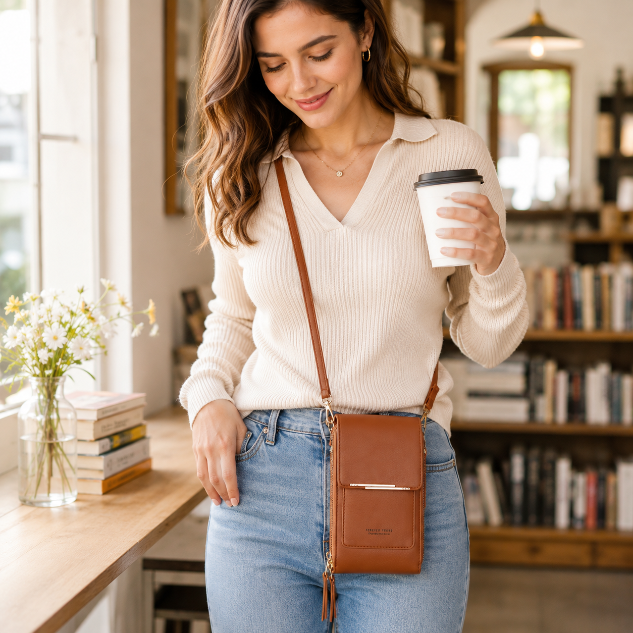 Brown Touch Screen Phone Wallet Crossbody Bag for Women Vertical PU Leather view 2