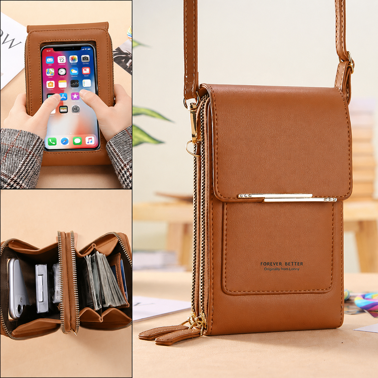 Brown Touch Screen Phone Wallet Crossbody Bag for Women Vertical PU Leather view 3