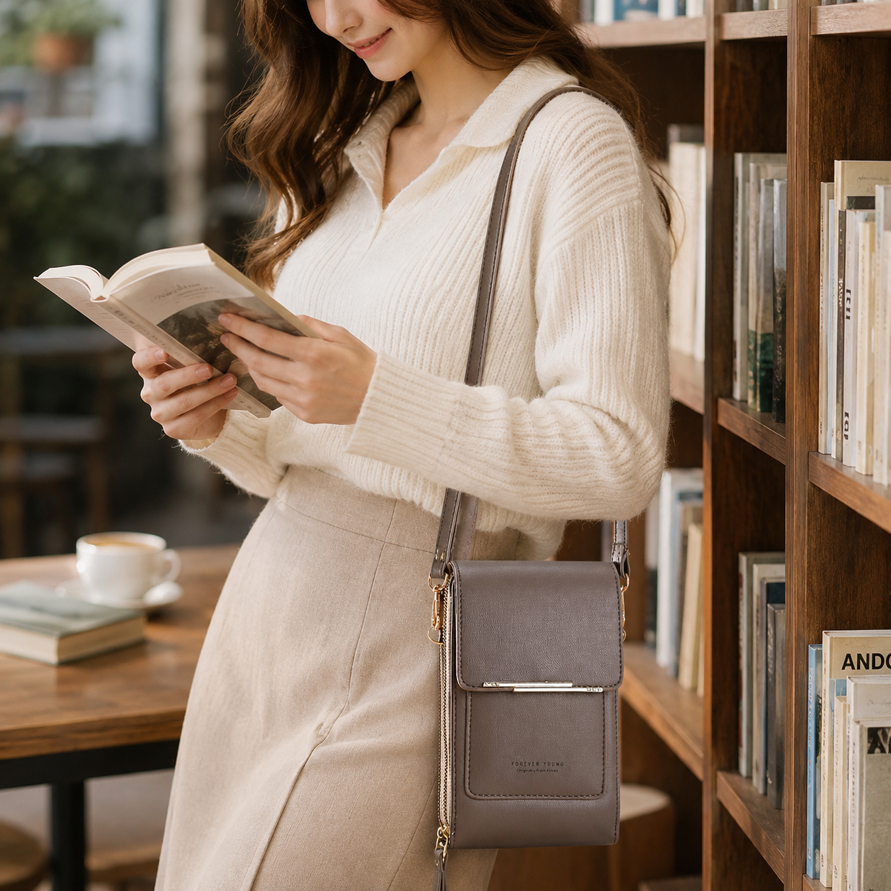 Gray Touch Screen Phone Wallet Crossbody Bag for Women Vertical PU Leather view 2