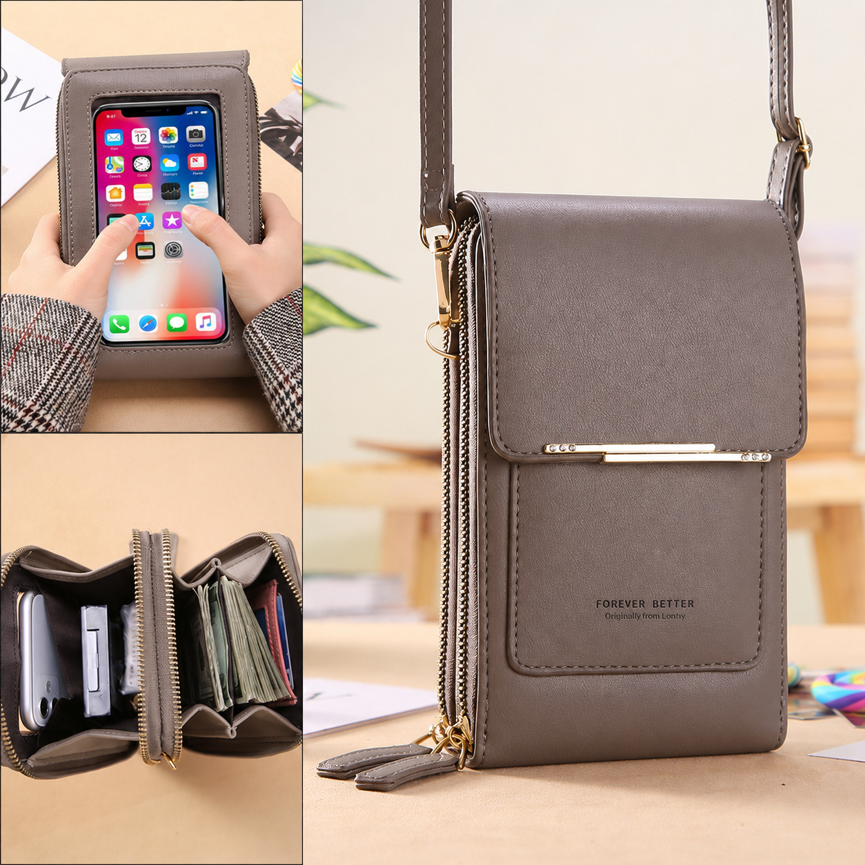 Gray Touch Screen Phone Wallet Crossbody Bag for Women Vertical PU Leather view 3
