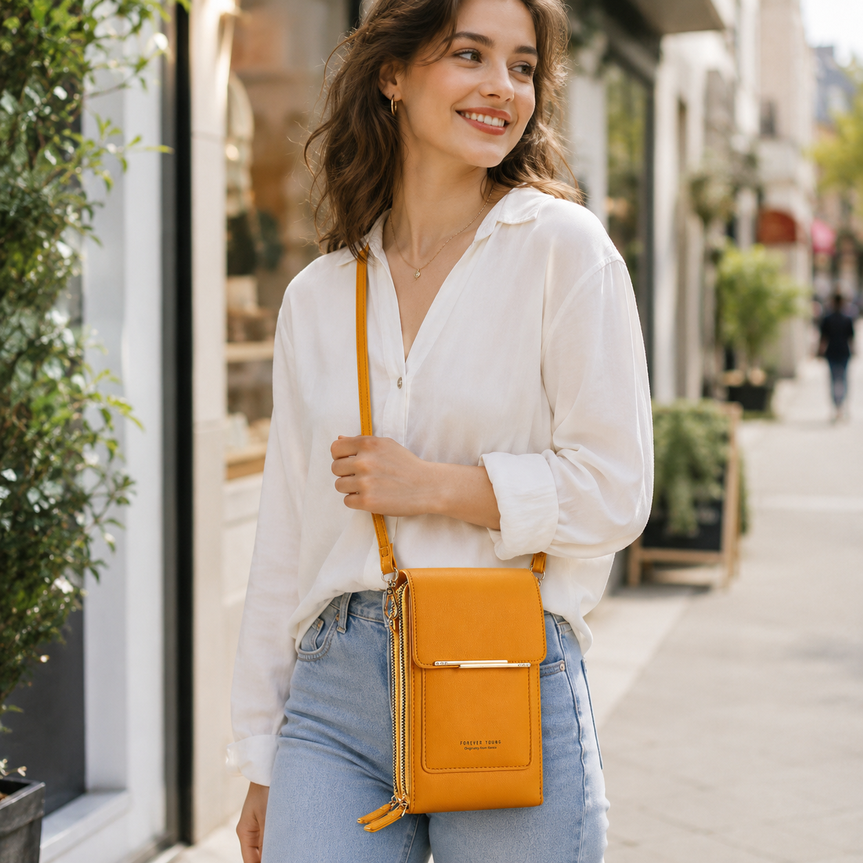Yellow Touch Screen Phone Wallet Crossbody Bag for Women Vertical PU Leather view 2