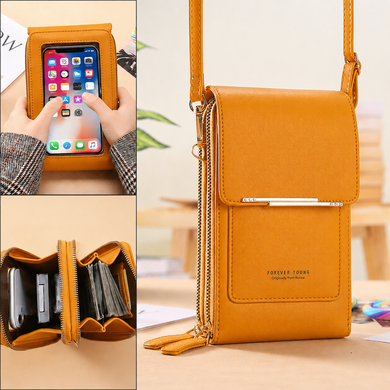 Yellow Touch Screen Phone Wallet Crossbody Bag for Women Vertical PU Leather view 3