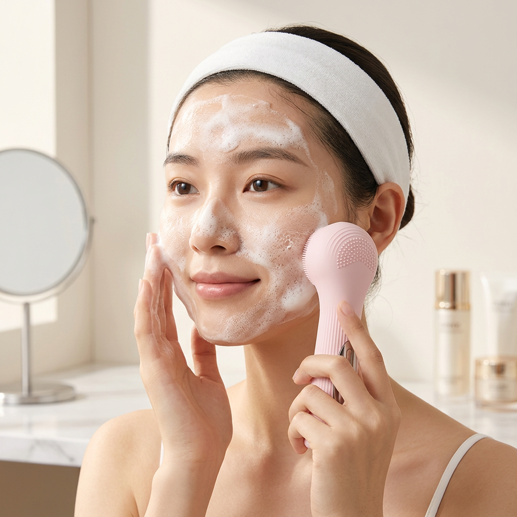 Pink Heated Silicone Facial Cleansing Brush - Dual Sided view 2