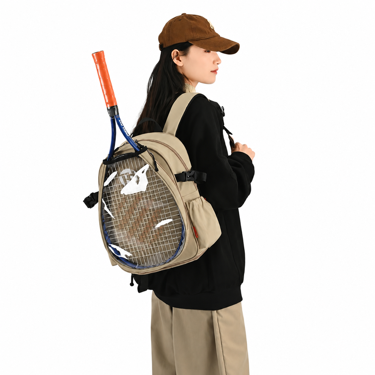 Khaki Sports Racket Backpack - Lightweight Casual Travel Bag with Separate view 2