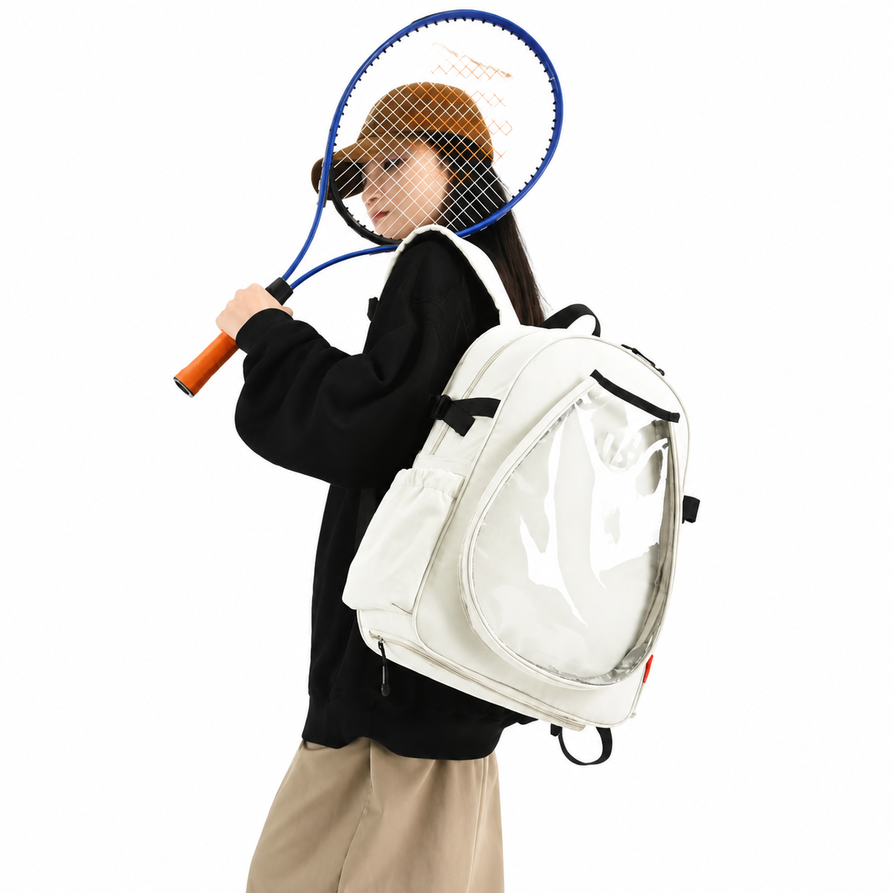 White Sports Racket Backpack - Lightweight Casual Travel Bag with Separate view 2