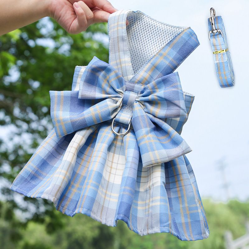 Blue Plaid Pet Harness Dress with Leash for Small Dogs and Cats S Size Bow view 4