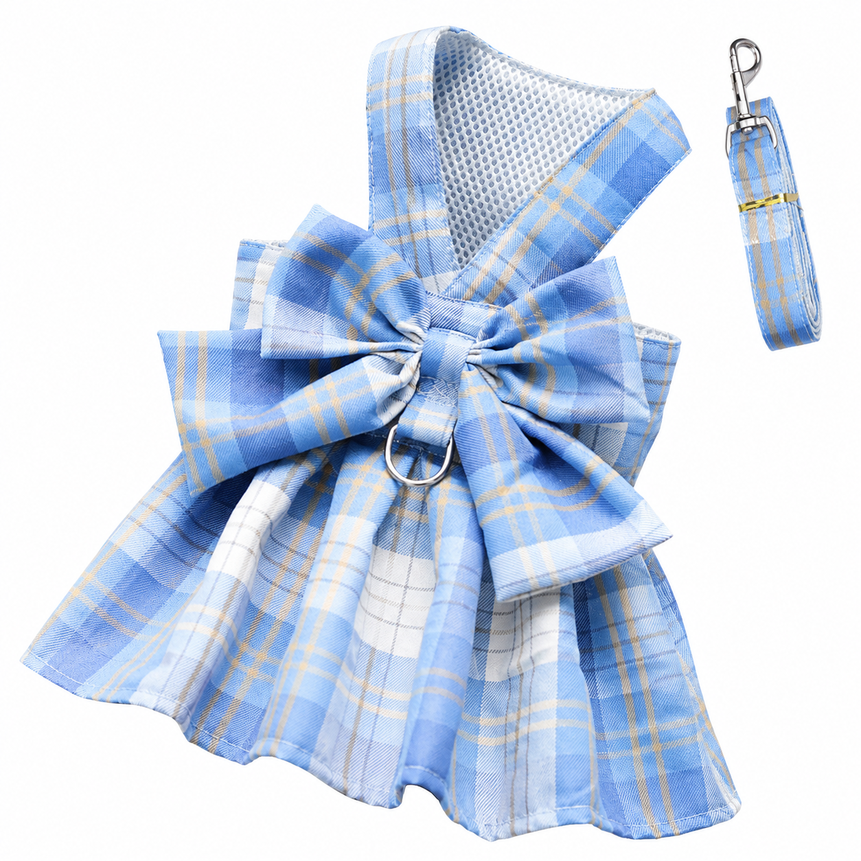 Blue Plaid Pet Harness Dress with Leash for Small Dogs and Cats L Size Bow — image 1