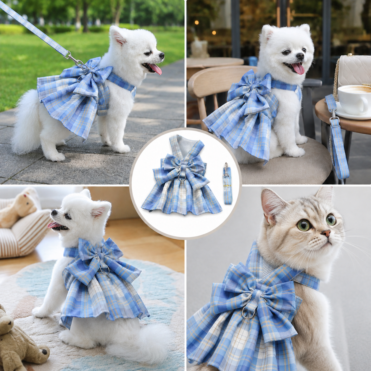 Blue Plaid Pet Harness Dress with Leash for Small Dogs and Cats XXL Size Bow view 2