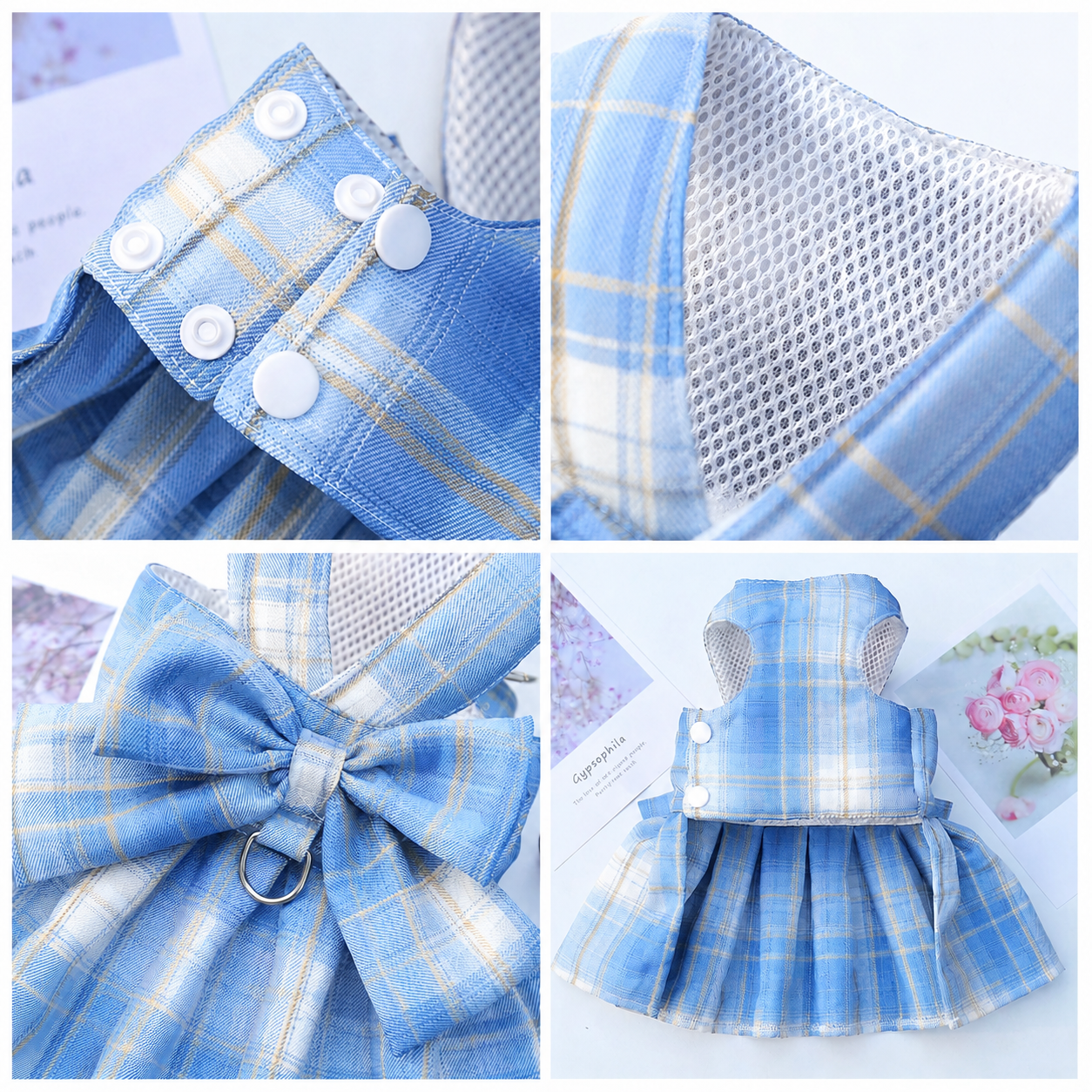 Blue Plaid Pet Harness Dress with Leash for Small Dogs and Cats XXL Size Bow view 3
