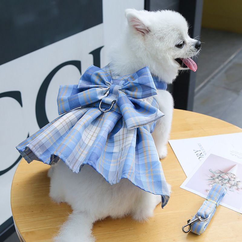 Blue Plaid Pet Harness Dress with Leash for Small Dogs and Cats XXL Size Bow view 5
