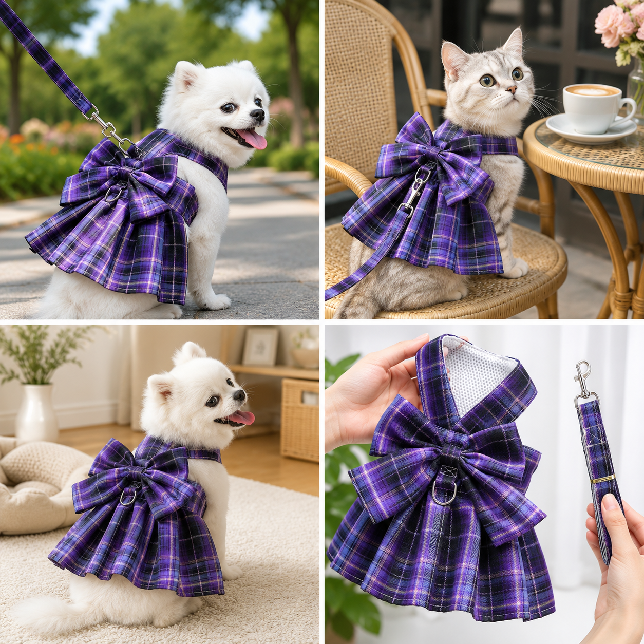 Dark Purple Plaid Pet Harness Dress with Leash for Small Dogs and Cats M Size view 2