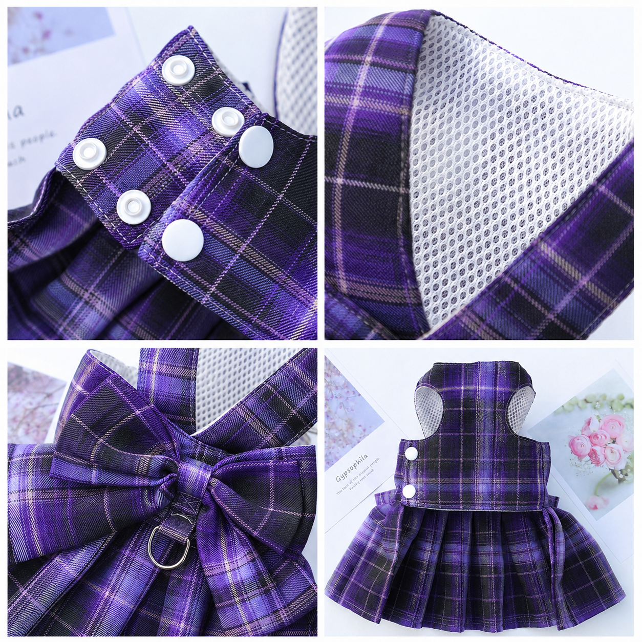 Dark Purple Plaid Pet Harness Dress with Leash for Small Dogs and Cats L Size view 3