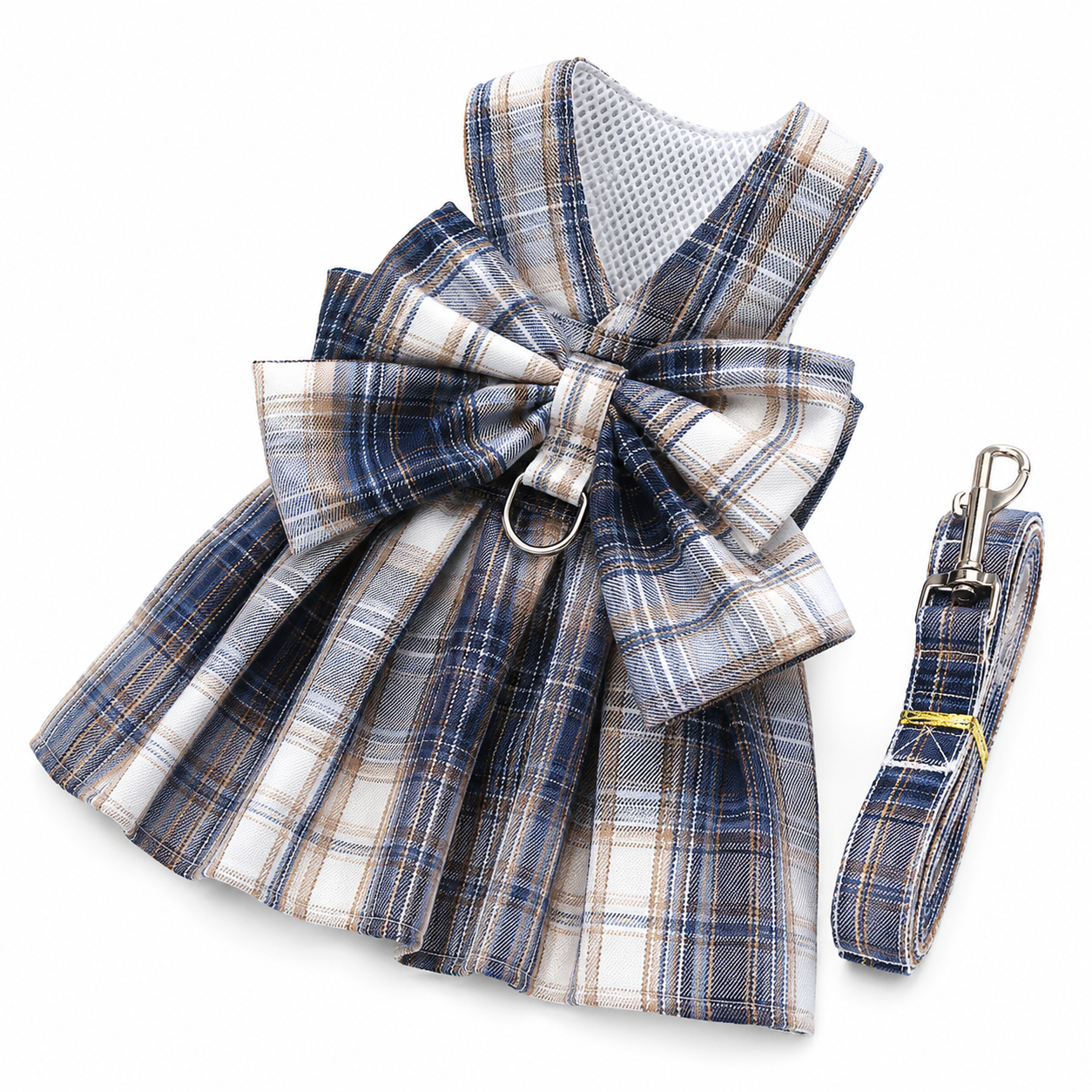 Navy Blue Plaid Pet Harness Dress with Leash for Small Dogs and Cats XS Size — image 1