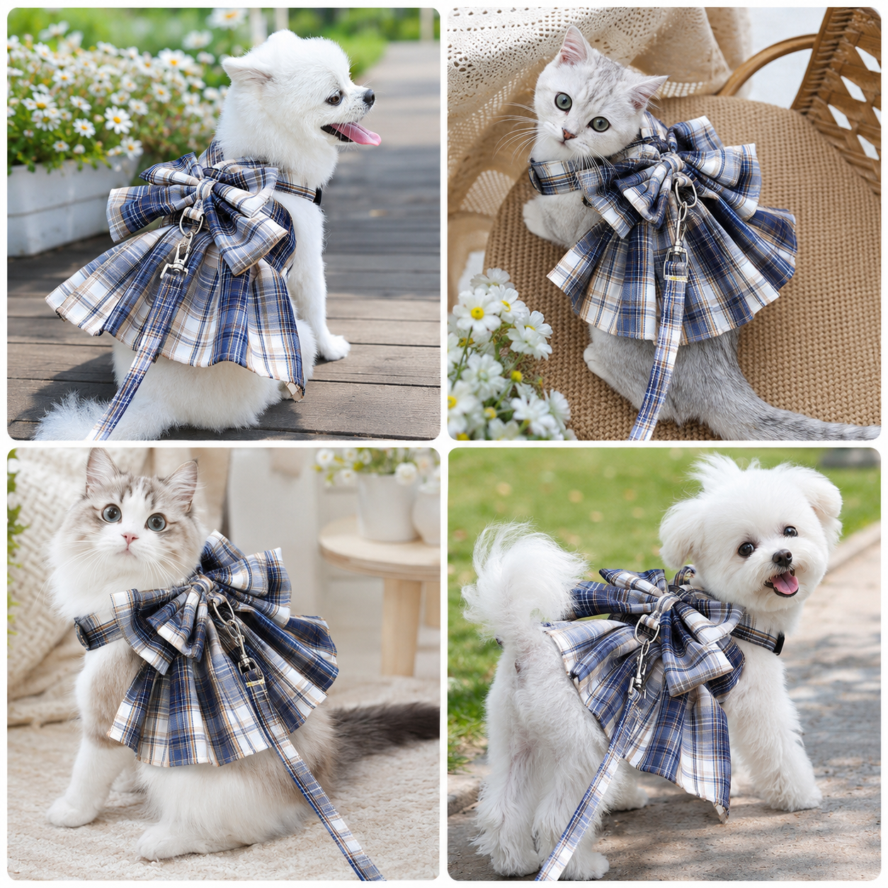 Navy Blue Plaid Pet Harness Dress with Leash for Small Dogs and Cats S Size view 2