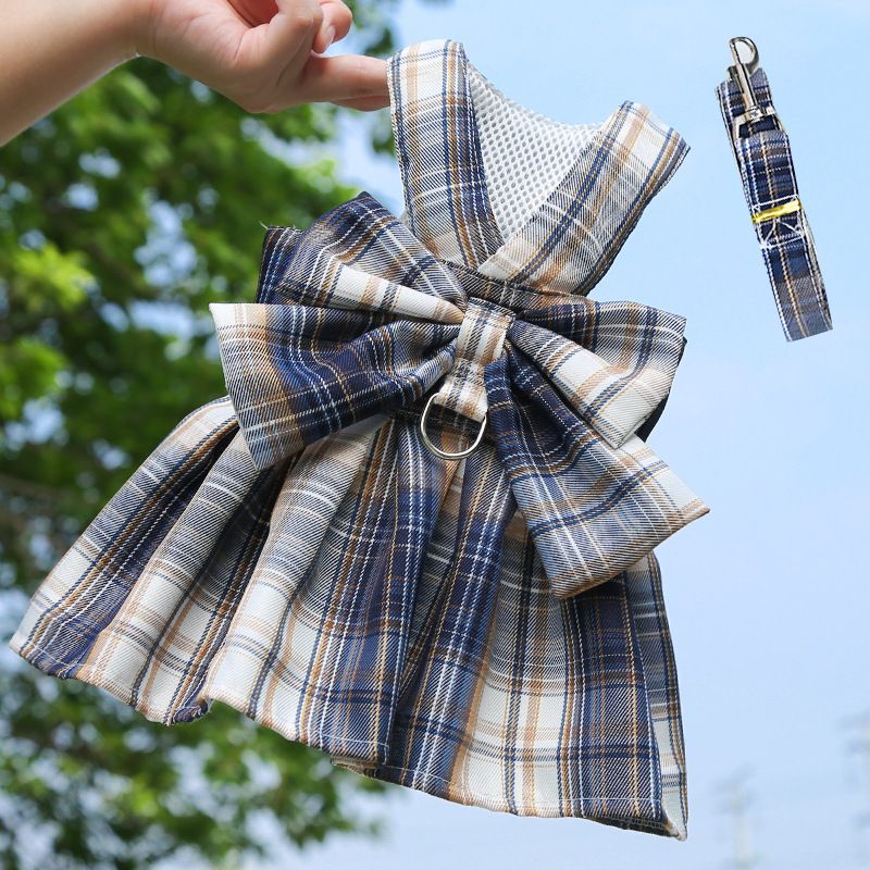 Navy Blue Plaid Pet Harness Dress with Leash for Small Dogs and Cats XL Size view 4