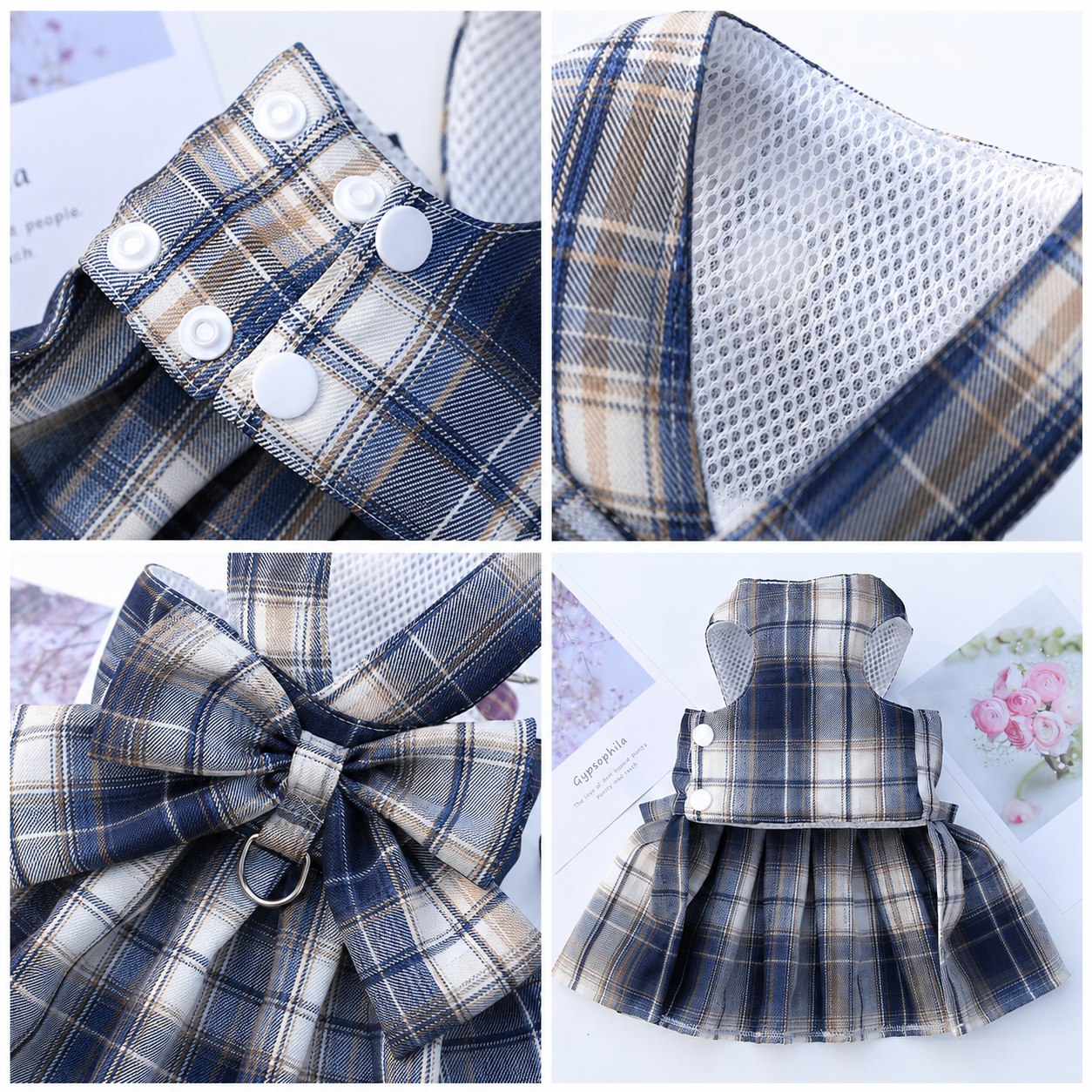 Navy Blue Plaid Pet Harness Dress with Leash for Small Dogs and Cats XXL Size view 3