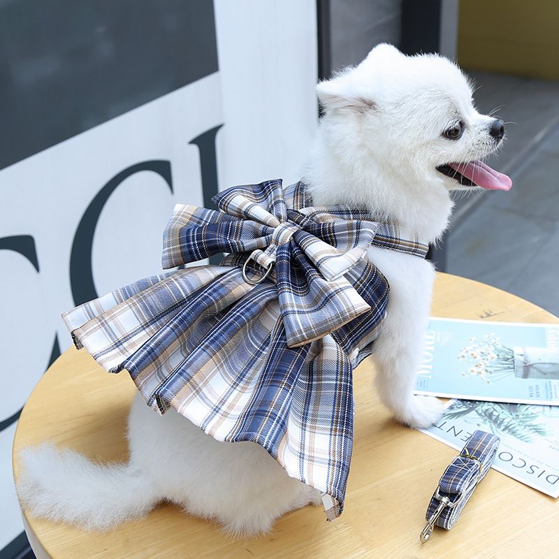 Navy Blue Plaid Pet Harness Dress with Leash for Small Dogs and Cats XXL Size view 5