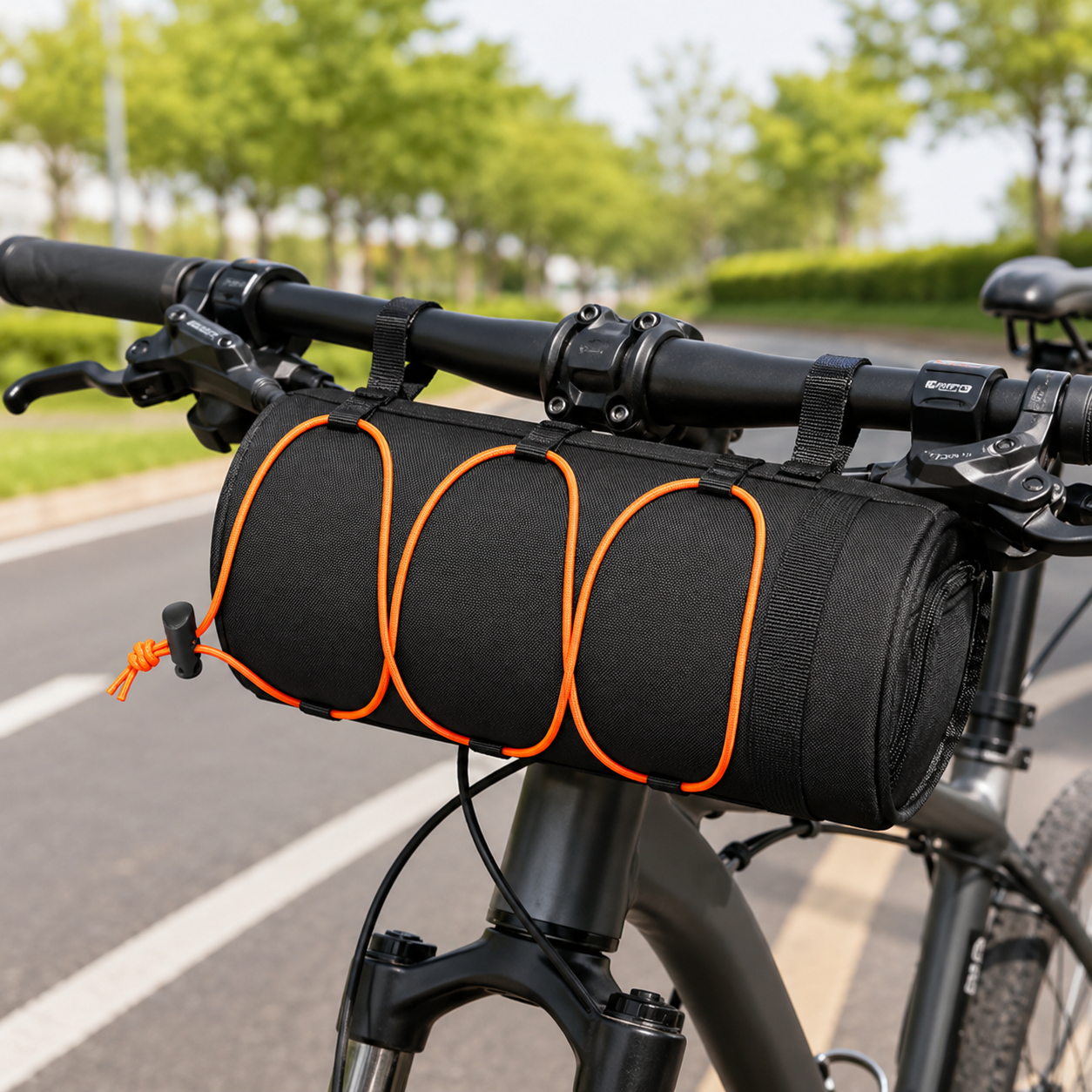 Black Bicycle Handlebar Bag with Fluorescent Orange Elastic Cord Waterproof view 2