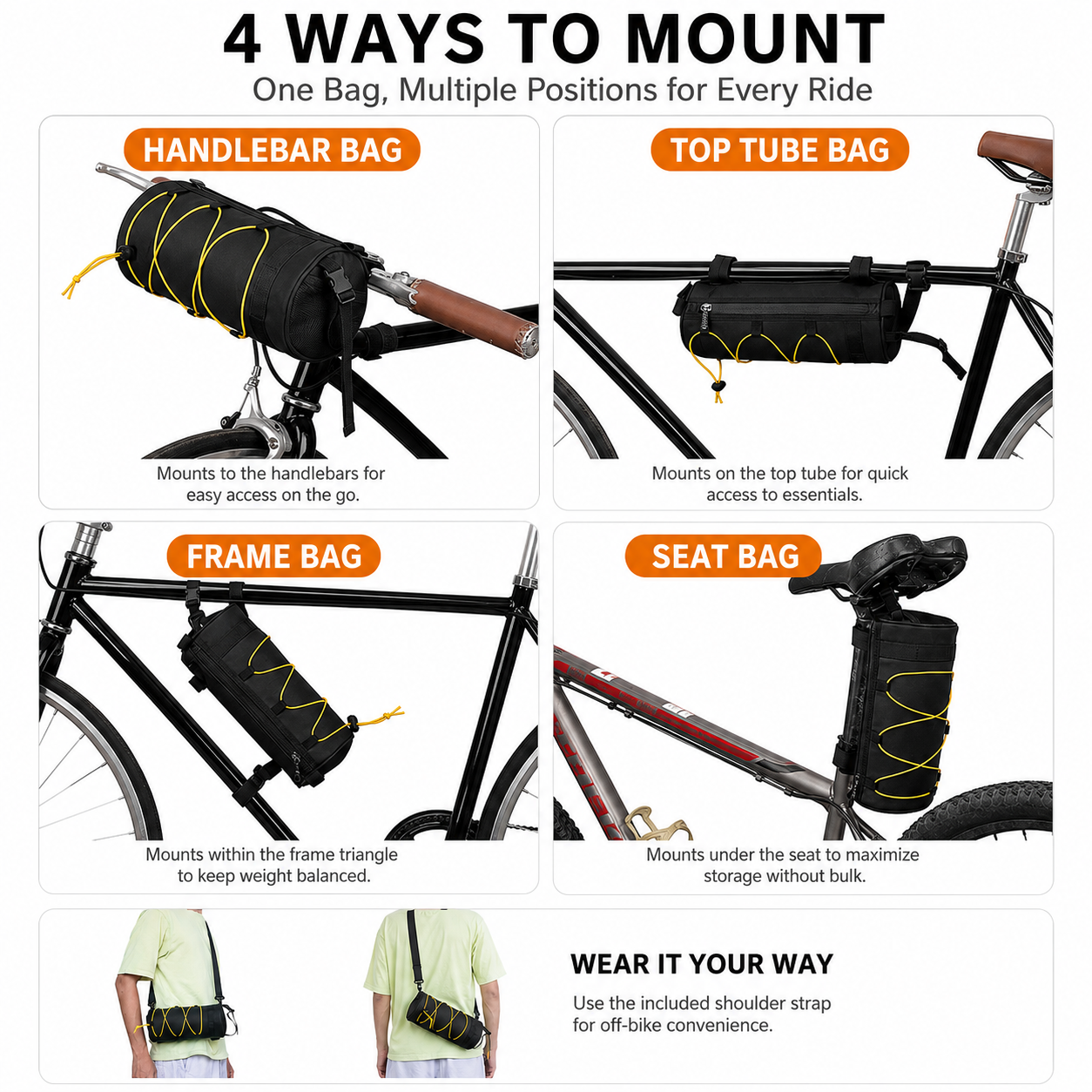 Black Bicycle Handlebar Bag with Fluorescent Orange Elastic Cord Waterproof view 3
