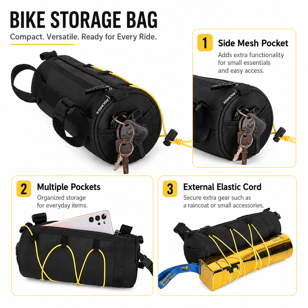 Black Bicycle Handlebar Bag with Fluorescent Orange Elastic Cord Waterproof view 4