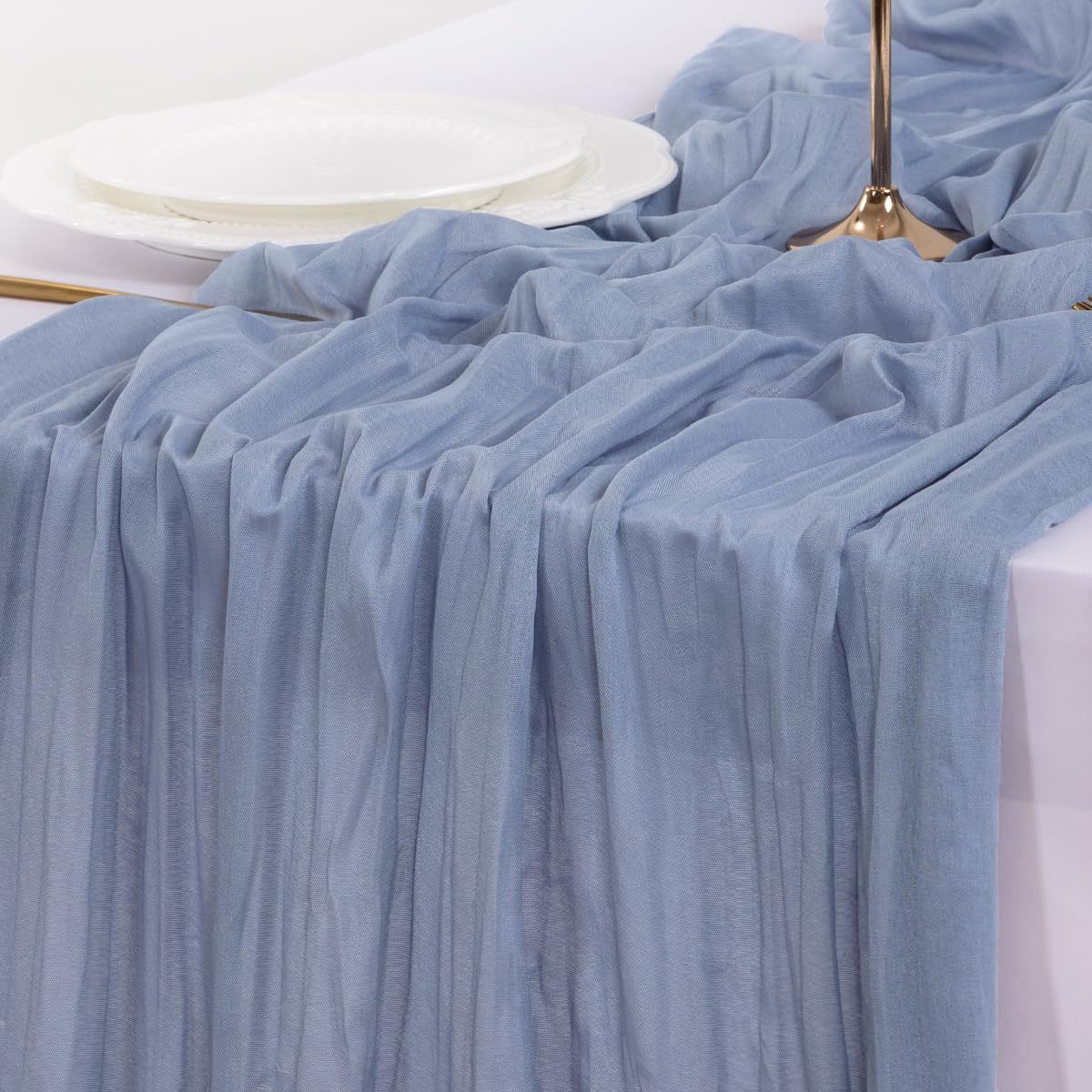 Table Runner - Light Blue 9.84ft Wrinkle Fabric Table Decor for Wedding