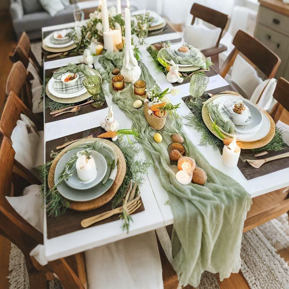 Table Runner - Grass Green 9.84ft Wrinkle Fabric Table Decor for Wedding view 7