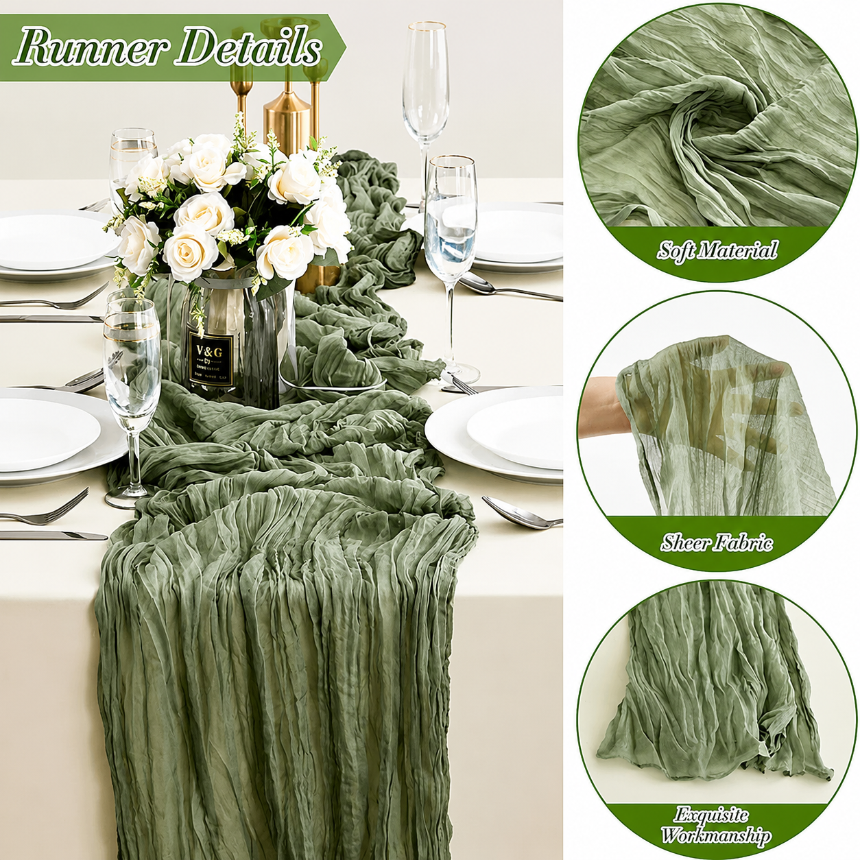 Table Runner - Grass Green 9.84ft Wrinkle Fabric Table Decor for Wedding view 2