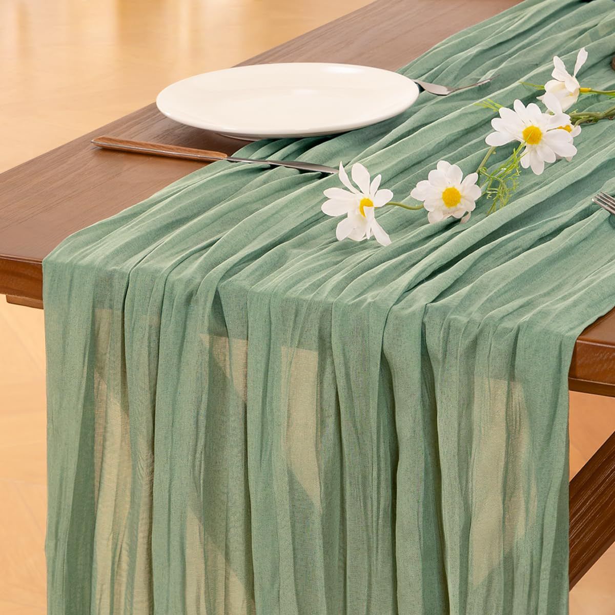 Table Runner -Grass Green 9.84ft Wrinkle Fabric Table Decor for Wedding