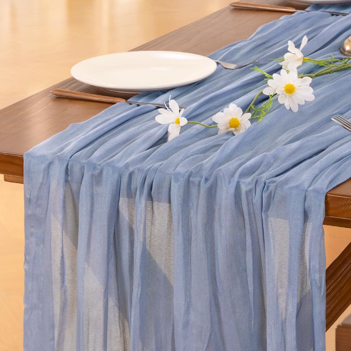 Table Runner - Light Blue 9.84ft Wrinkle Fabric Table Decor for Wedding view 3