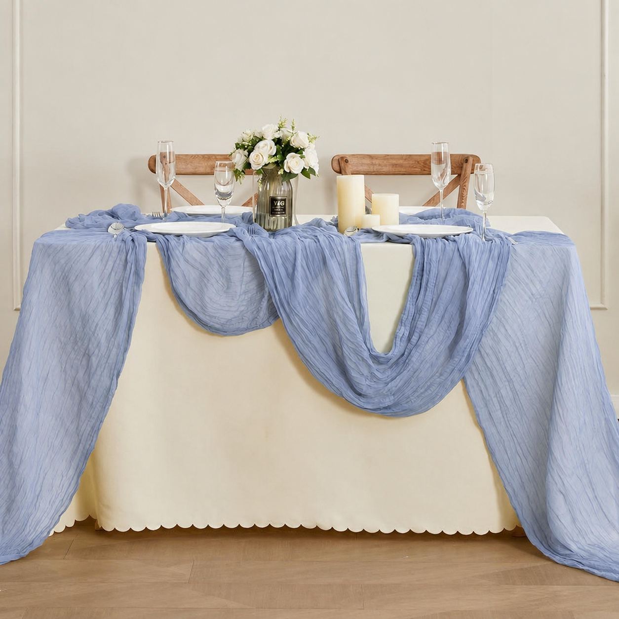 Table Runner - Light Blue 9.84ft Wrinkle Fabric Table Decor for Wedding view 4